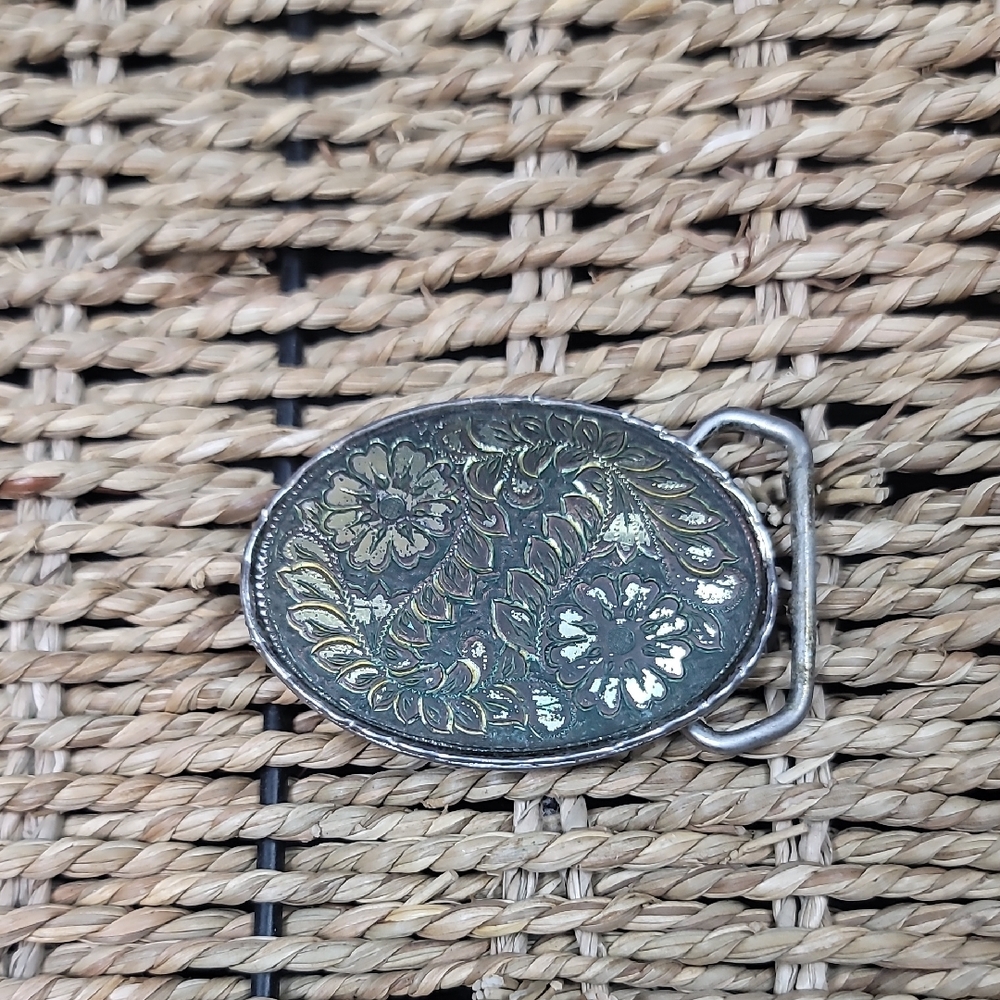 Belt Buckle Vintage Silver Rose Yellow Gold Etched Flower Floral Marked USA W